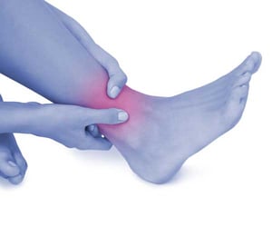 Close up of woman touching her injured foot on white background